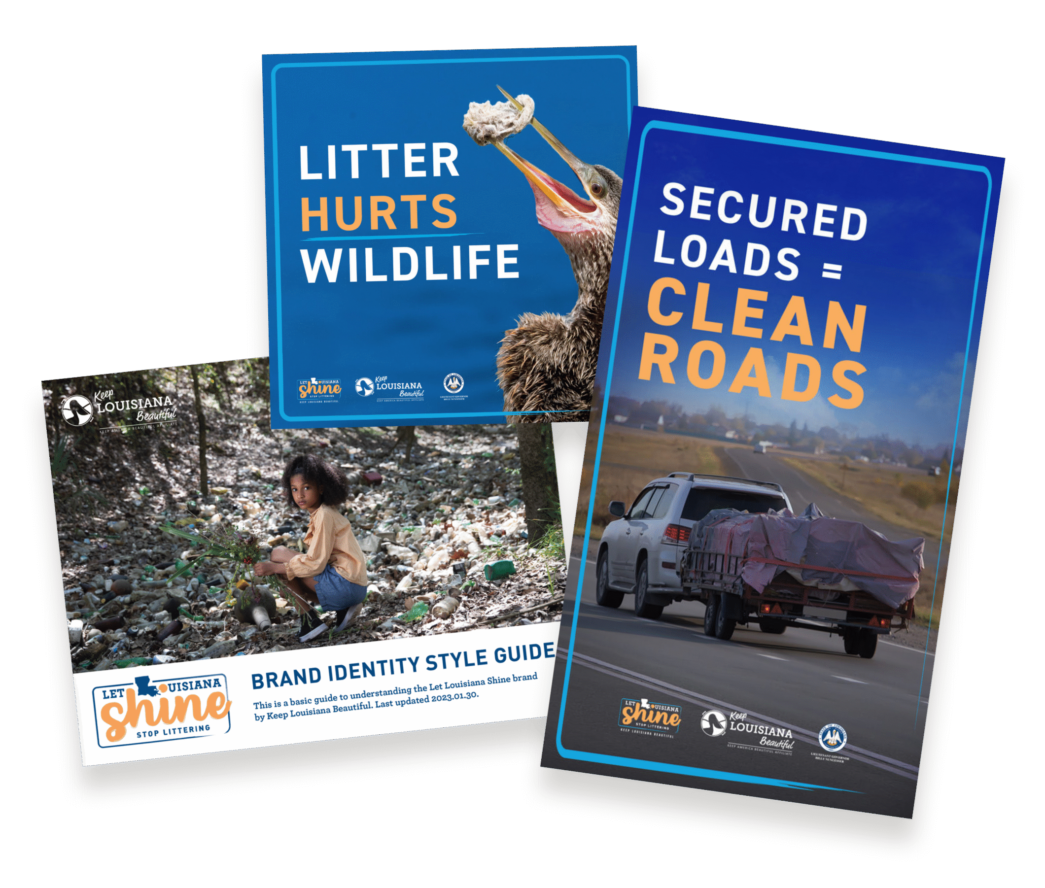 mockups of different resources for Let Louisiana Shine. A brand guide, and social graphics.
