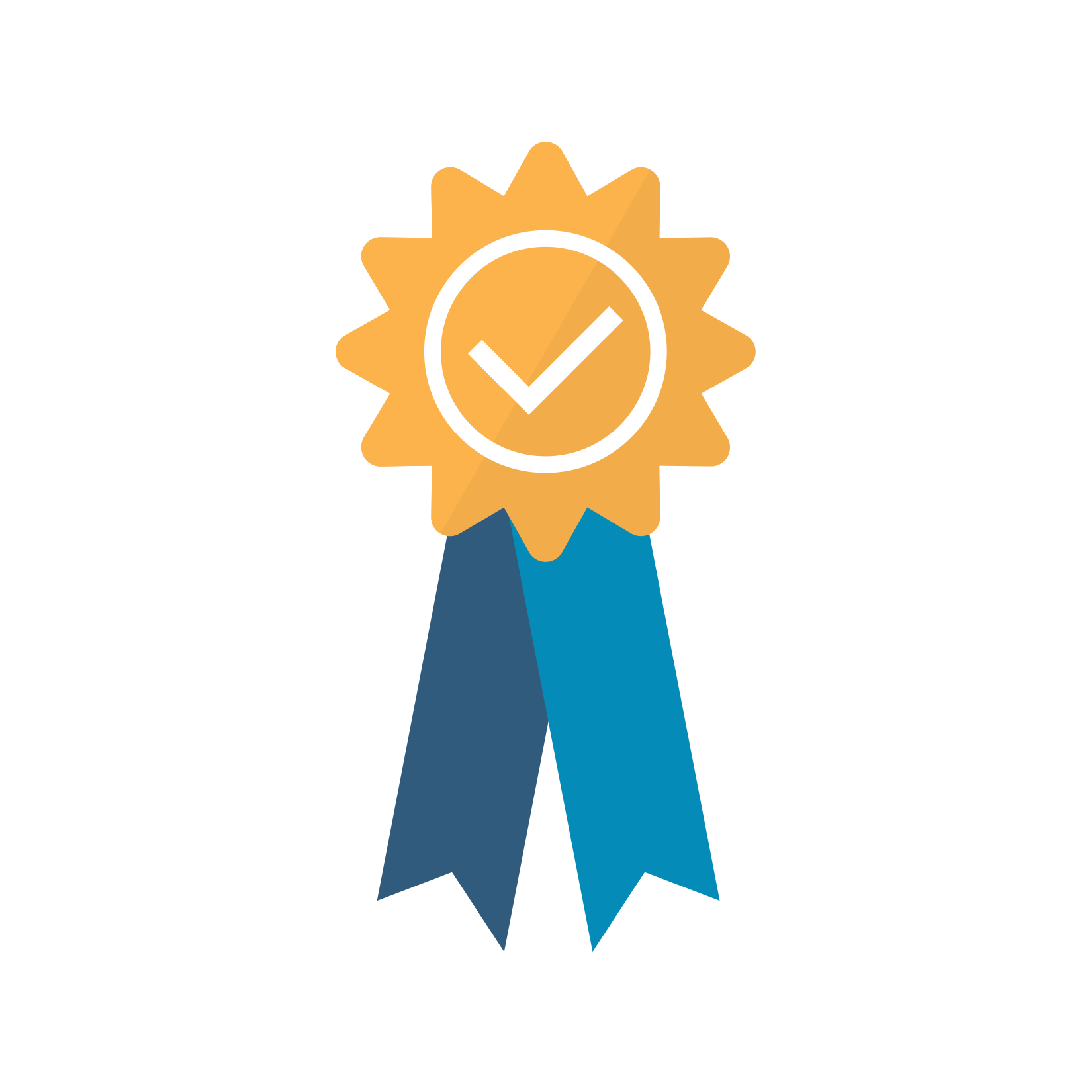 Gold medal ribbon icon with a checkmark.
