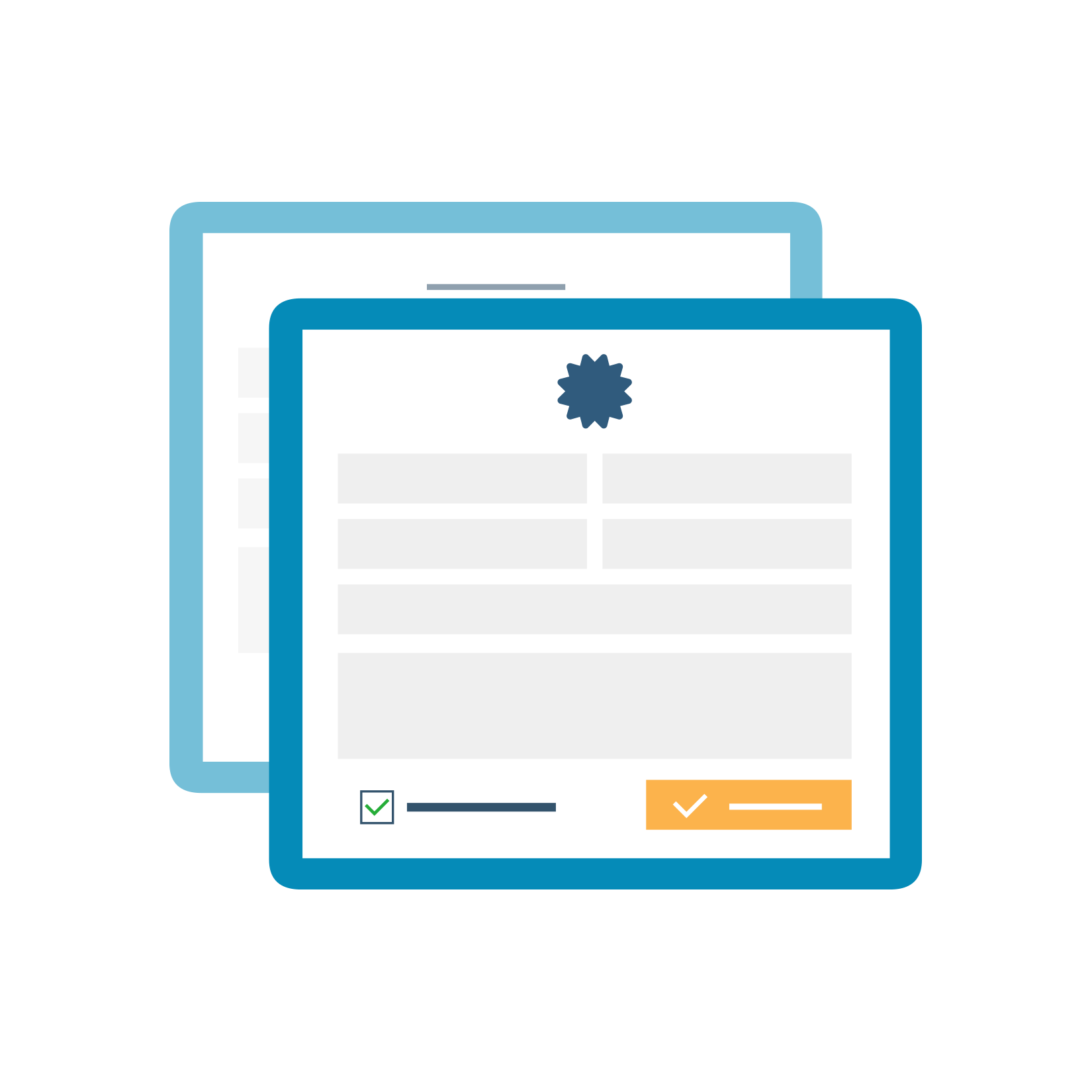 Icon of stacked business documents with a seal of approval.