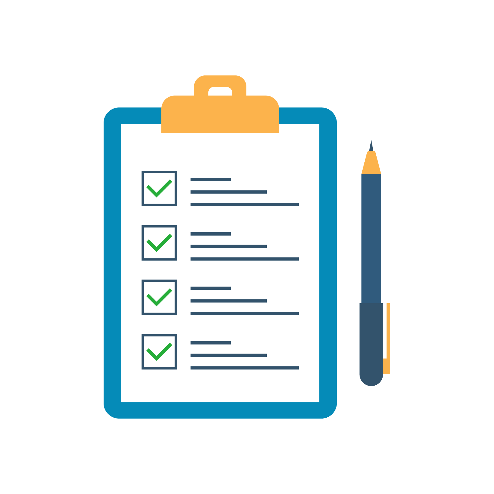 Icon of a clipboard with a checklist and a pen.
