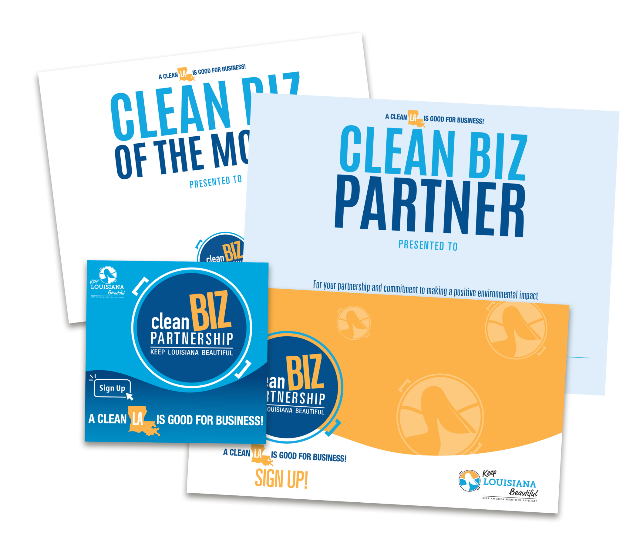 A collection of Clean Biz Partnership materials, including certificates of recognition, window decals, and a sign-up flyer.