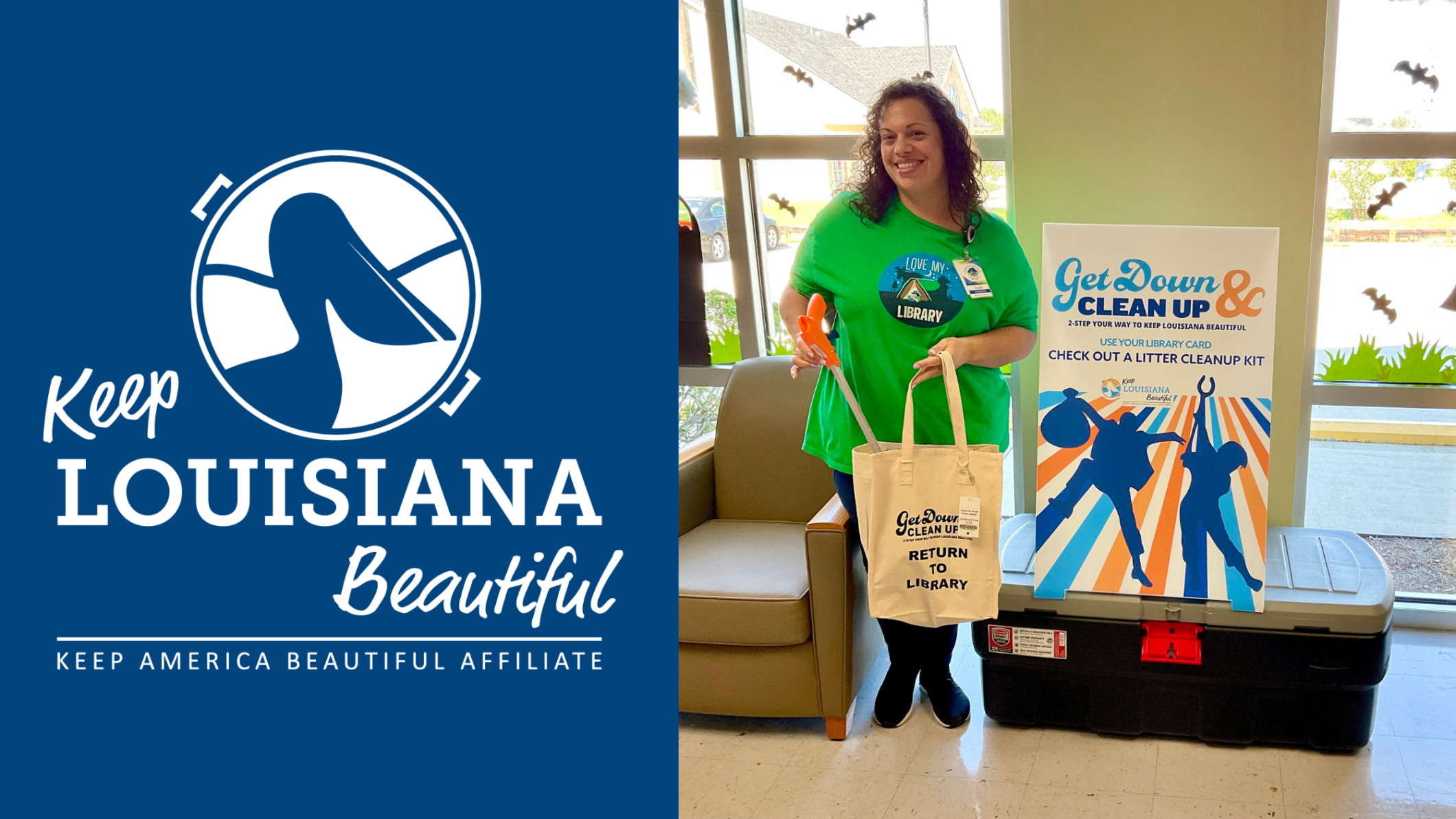 A woman holding up a reusable bag in the library promoting to clean up litter.