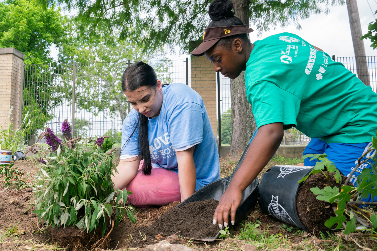 Two volunteers wearing Keep Louisiana Beautiful shirts plant a flowering bush outdoors.