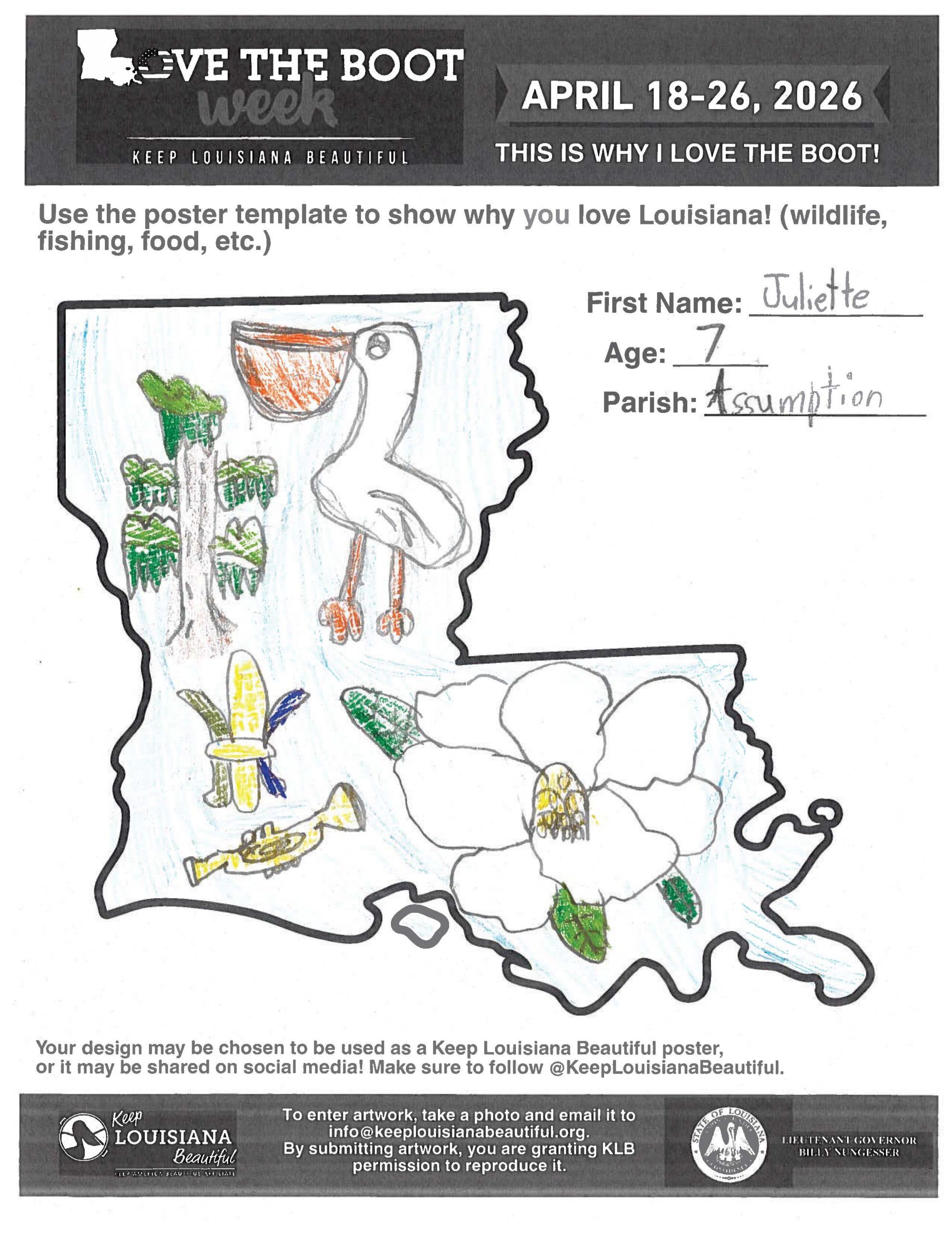 Poster submission displaying Louisiana filled with a magnolia flower, a pelican, a cypress tree, a fleur des lis, and a trumpet