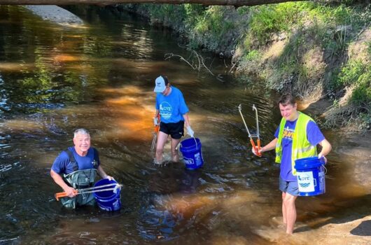 Three volunteers wade through a shallow creek carrying buckets and litter grabbers during a waterway cleanup.